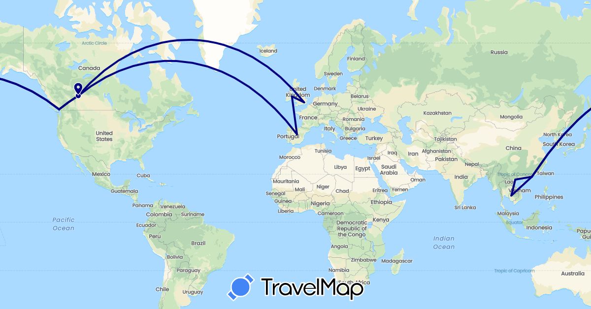TravelMap itinerary: driving in Canada, China, Spain, United Kingdom, Ireland, Cambodia, Vietnam (Asia, Europe, North America)